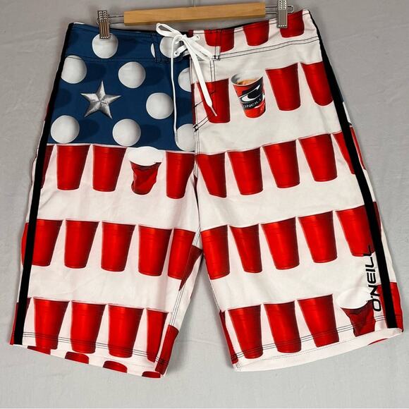 O’Neill Beer Pong Board Shorts Swim Trunks Mens 33 Red White Blue Flag Solo Cup - Picture 5 of 10